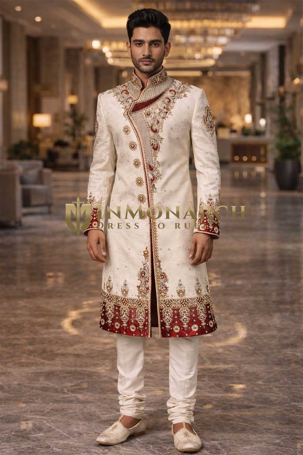 Sherwani crème brodé réception 2 pièces