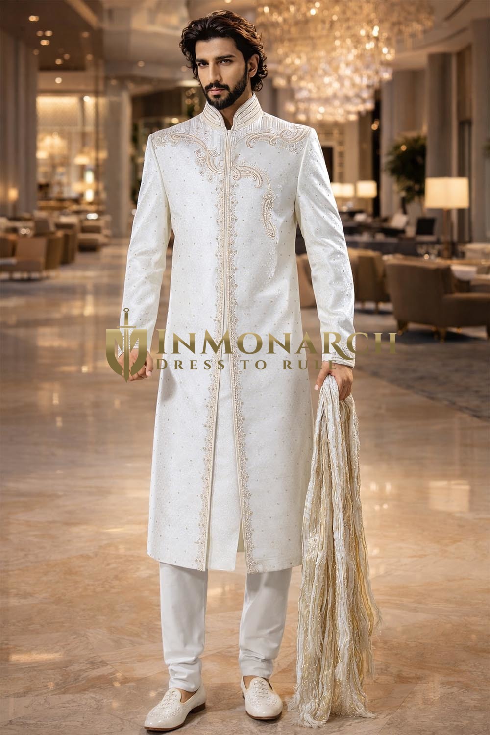Sherwani mariage crème brodé homme