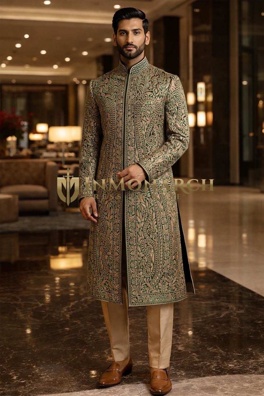Sherwani verde bosque de diseñador