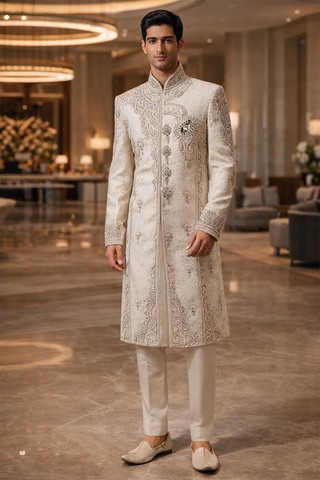 Mens Ivory Brocade Sherwani 2 Pc Groom Wedding Pearl Embroidered Attire