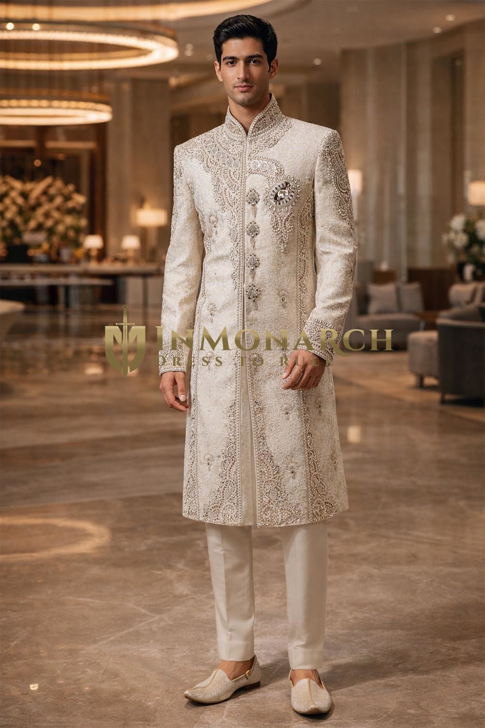 Mens Ivory Brocade Sherwani 2 Pc Groom Wedding Pearl Embroidered Attire