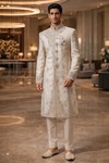 Mens Ivory Brocade Sherwani 2 Pc Groom Wedding Pearl Embroidered Attire