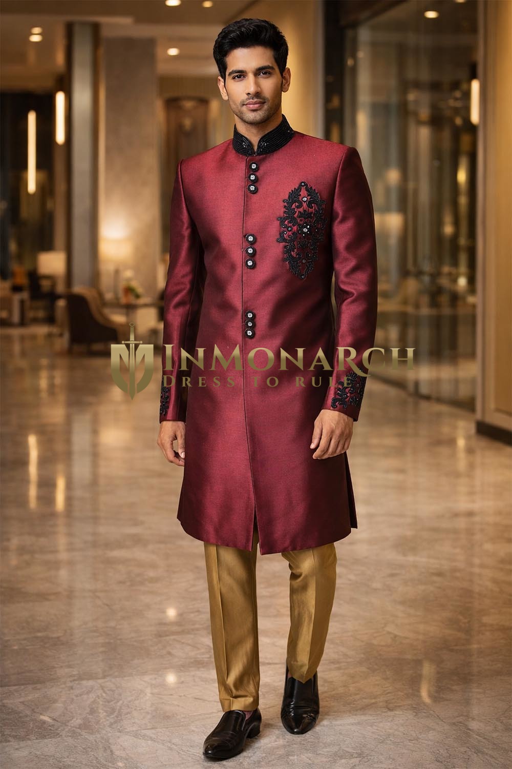 Sherwani mariage homme noir brodé