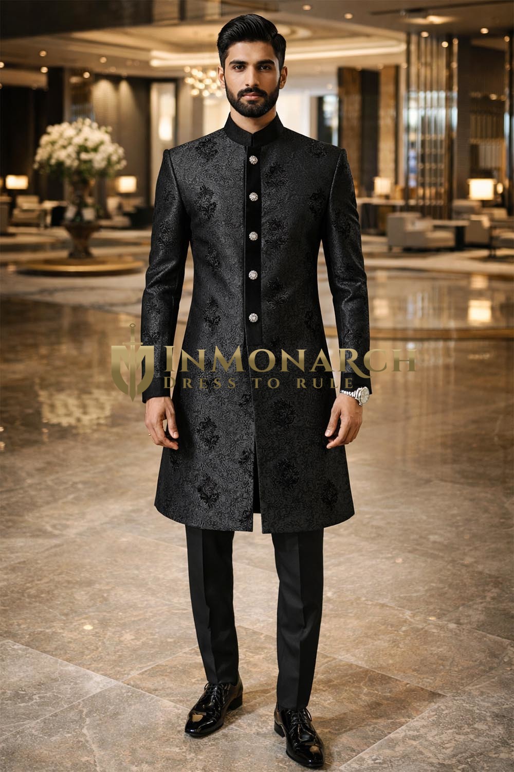 Mens Black Jacquard Sherwani 2 Pc Thread Embroidered Groom Outfit