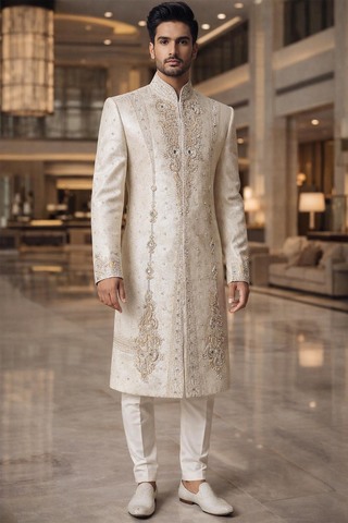 Sherwani majestuoso beige oscuro bordado