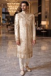 Mens Cream Brocade Groom Sherwani 2 Pc Hand Embroidered Wedding Attire