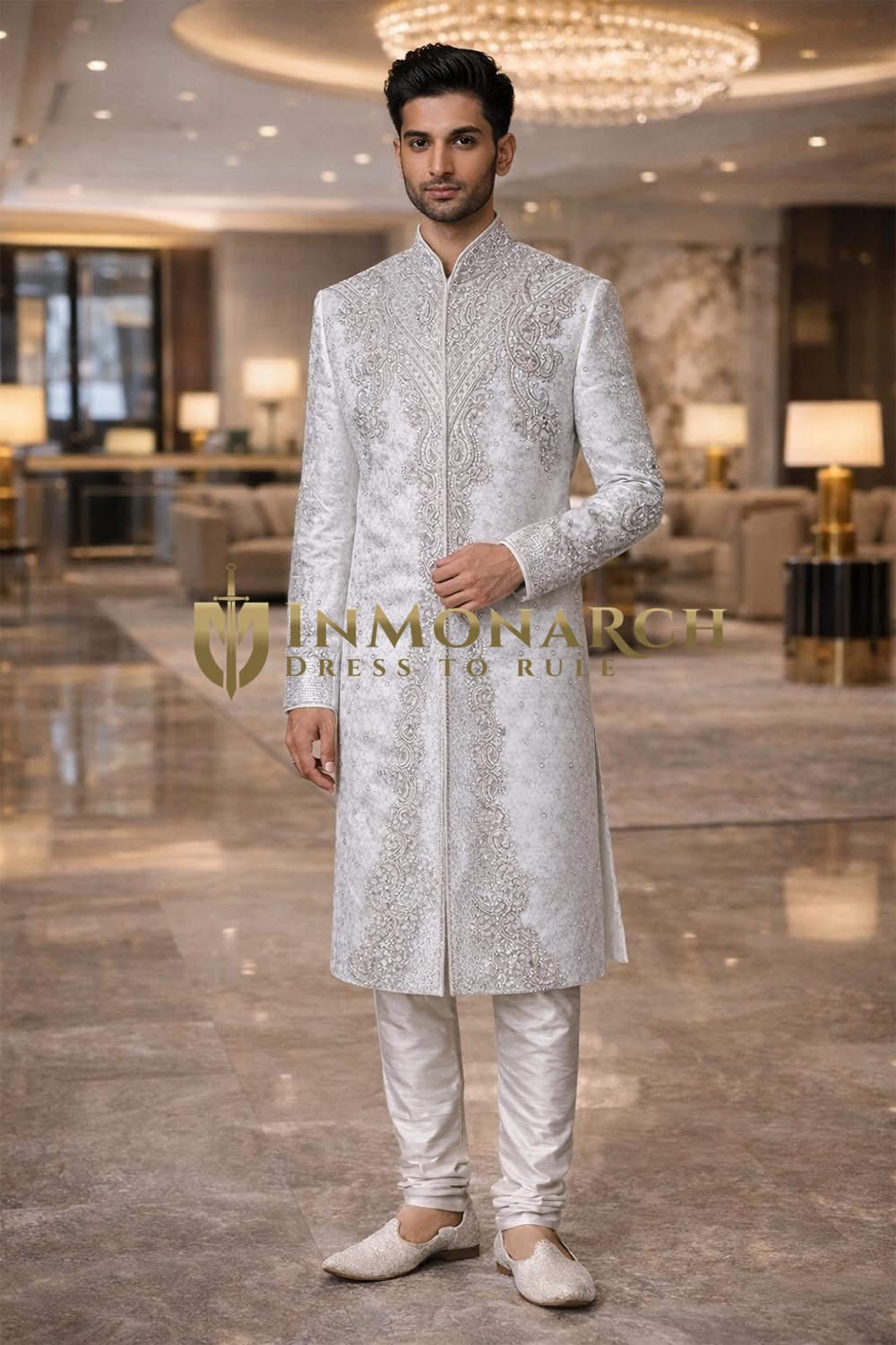 Mens White Royal Brocade Sherwani 2 Pc Traditional Wedding Outfit