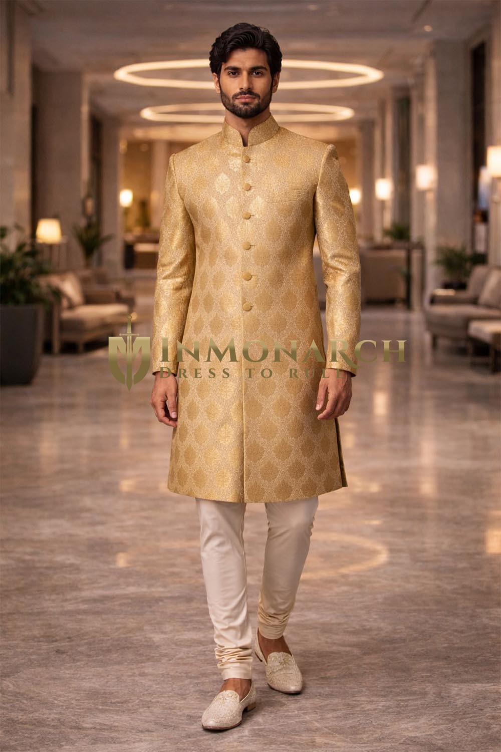 Sherwani de mariage doré col Nehru