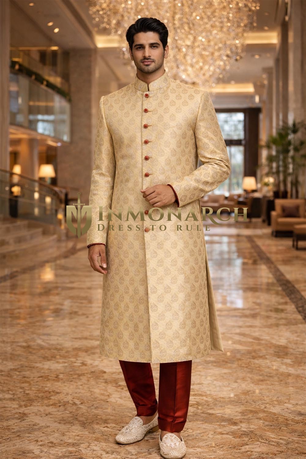 Golden Beige Sangeet Sherwani 2 Pc with Maroon Churidar
