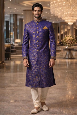 Sherwani azul real bordado dorado