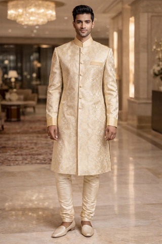 Sherwani Jodhpuri doré crème col mandarin