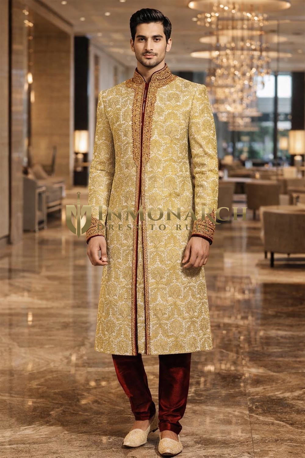 Sherwani mariage brodé velours marron