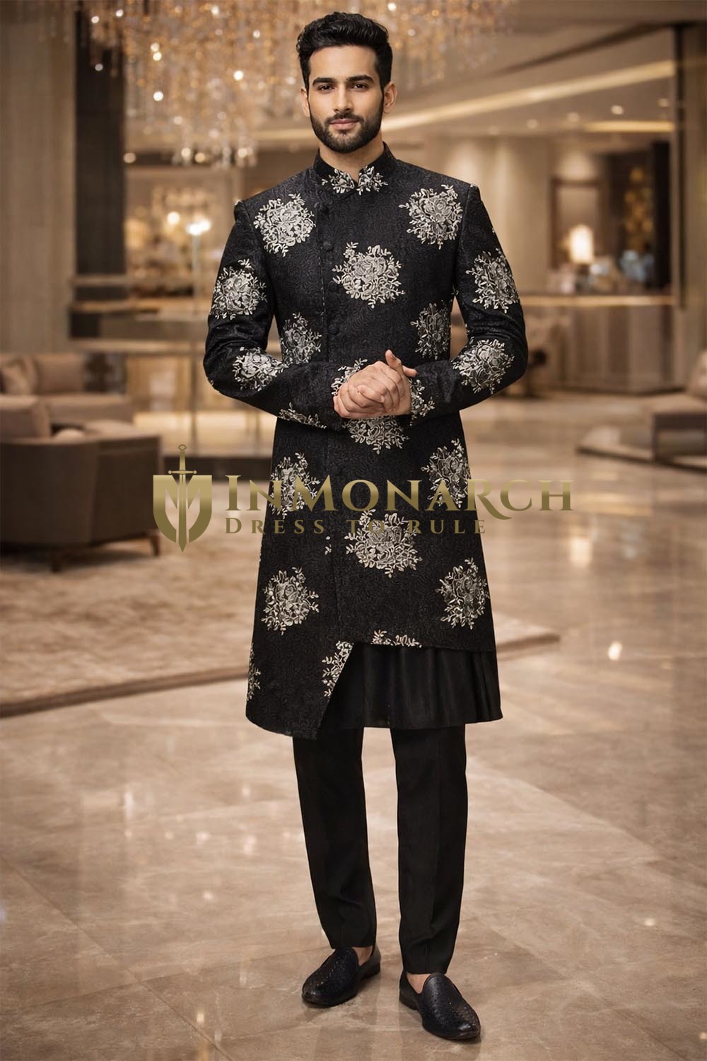 Mens Black Polyester Sherwani for Groom Wedding Embroidered 2Pc Ensemble