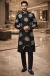 Mens Black Polyester Sherwani for Groom Wedding Embroidered 2Pc Ensemble