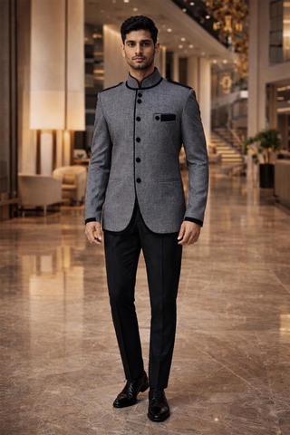 Mens Gray Jodhpuri Suit Nehru Collar 2pc Black Trim Wedding Attire