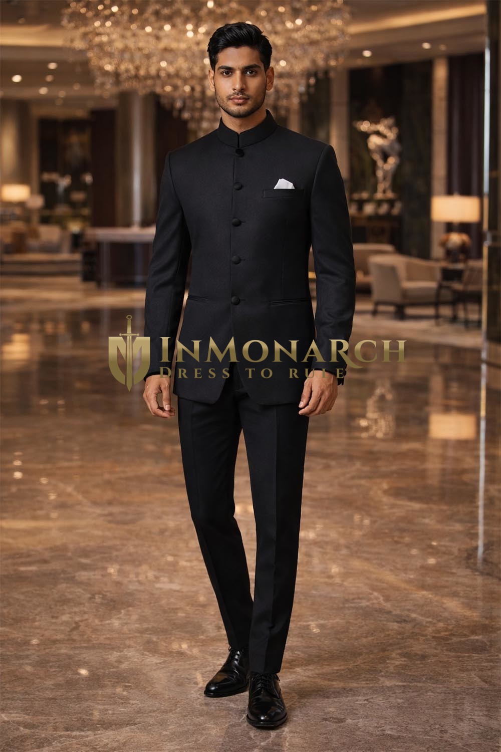 Traje Nehru negro 3 piezas