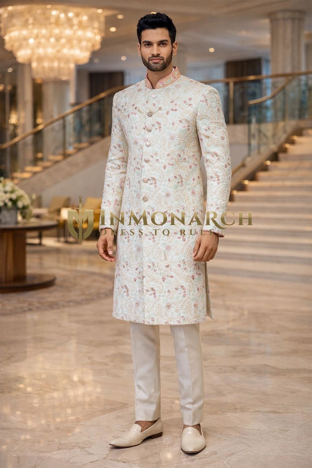 Mens Off White Silk Sherwani for Groom Wedding 2Pc Floral Elegance Wear