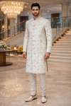 Mens Off White Silk Sherwani for Groom Wedding 2Pc Floral Elegance Wear
