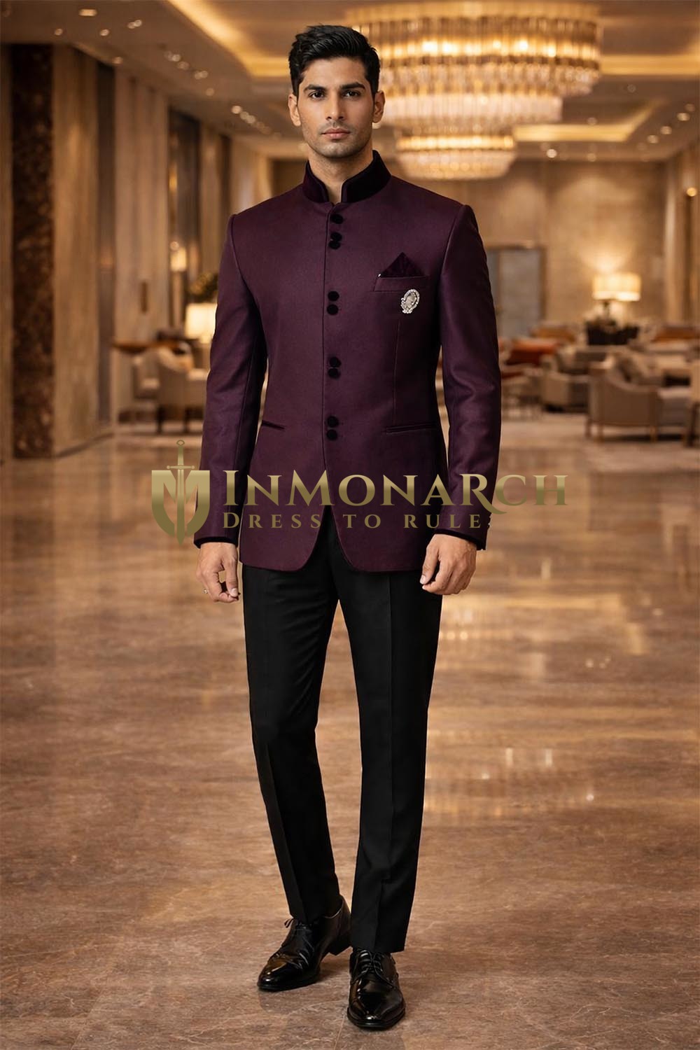 Traje Nehru burdeos 4 piezas