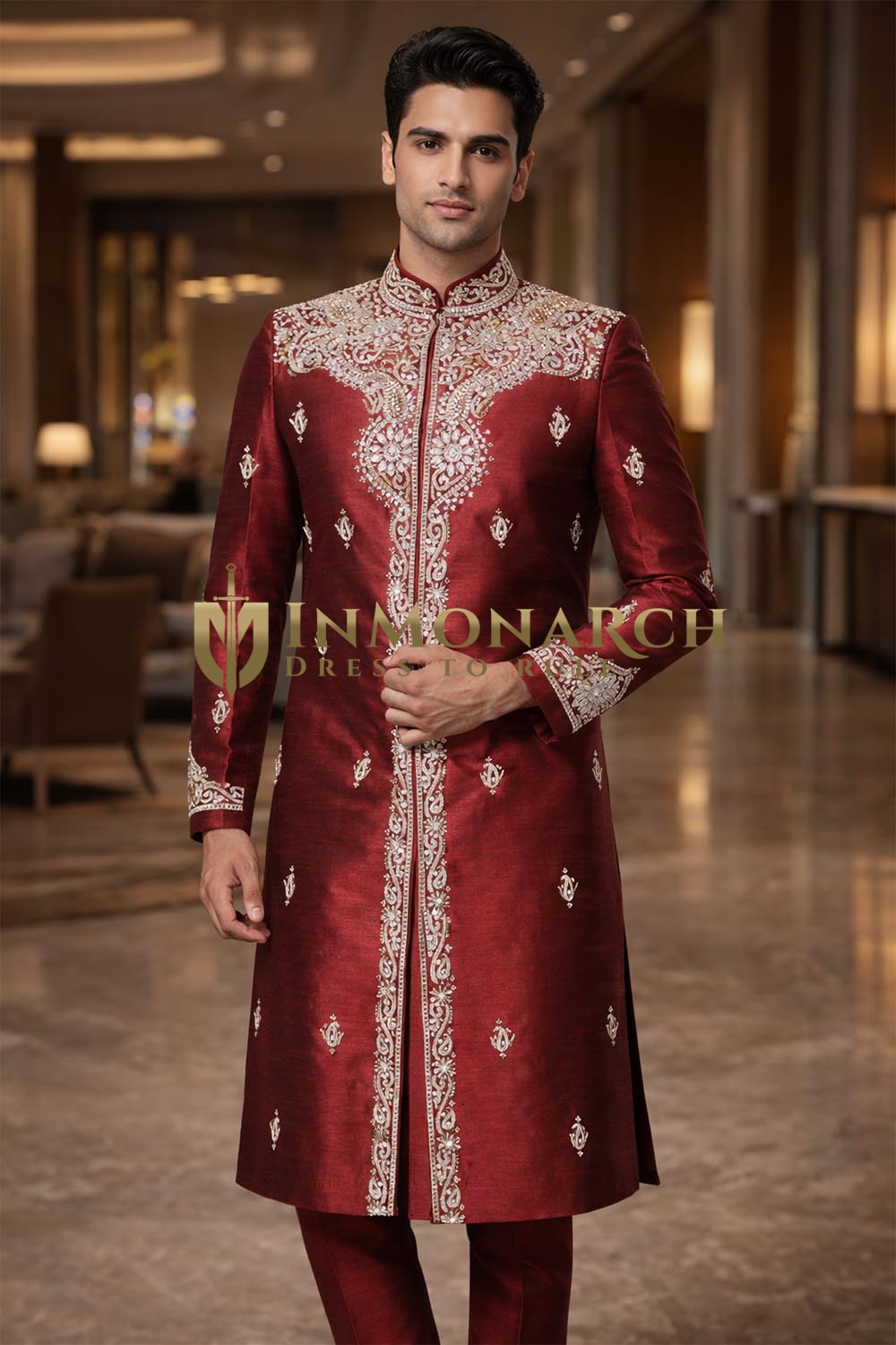 Mens Maroon Dupion Silk Sherwani for Groom Wedding 2Pc Regal Couture