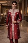 Mens Maroon Dupion Silk Sherwani for Groom Wedding 2Pc Regal Couture