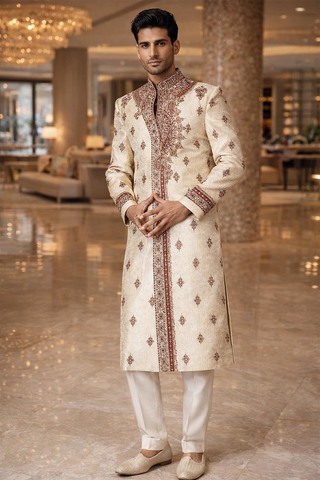 Mens Cream Dupion Sherwani for Groom Wedding 4Pc Embroidered Regal Wear