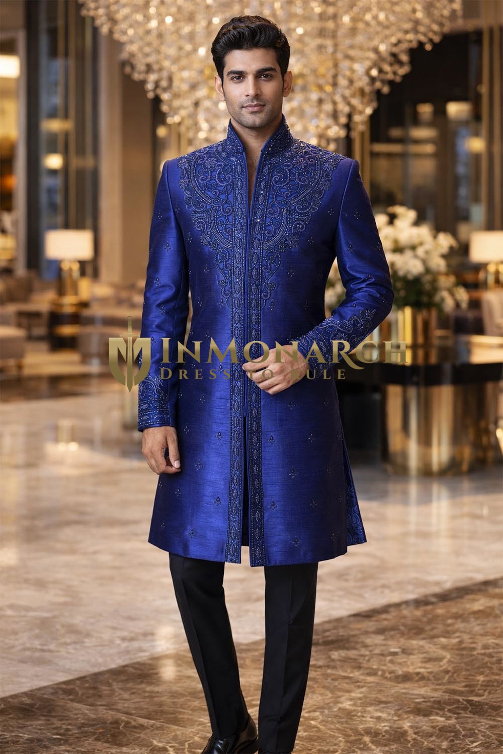 Mens Royal Blue Silk Sherwani for Groom Wedding 2Pc Embroidered Attire