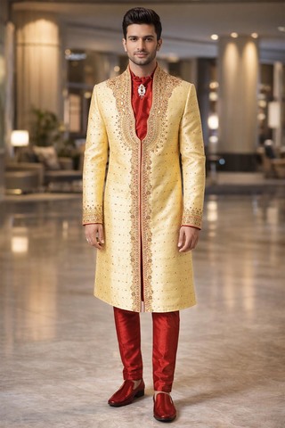 Mens Light Gold Dupion Sherwani for Groom Wedding 2Pc Regal Ensemble