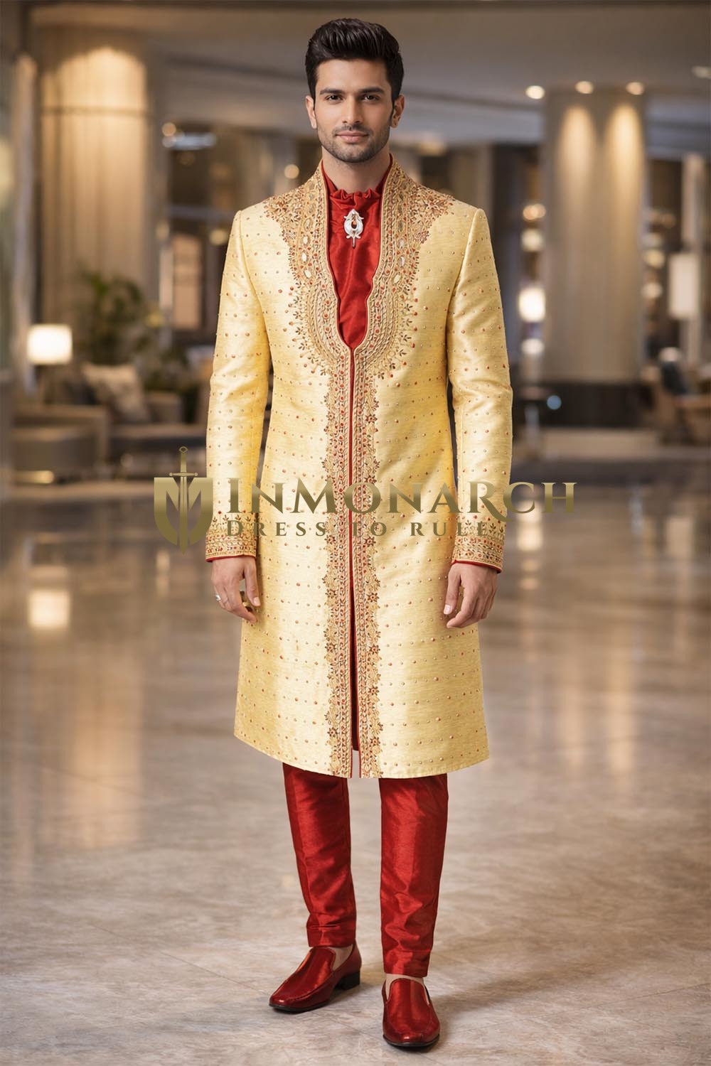 Mens Light Gold Dupion Sherwani for Groom Wedding 2Pc Regal Ensemble