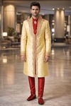 Mens Light Gold Dupion Sherwani for Groom Wedding 2Pc Regal Ensemble