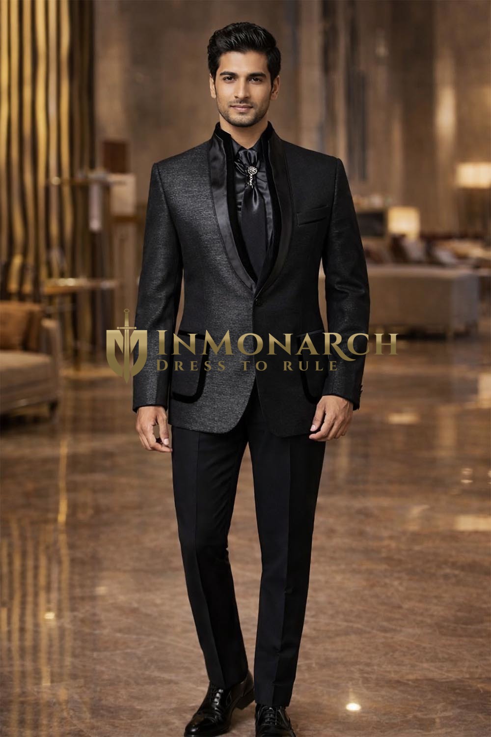 Traje Nehru negro cuello alto