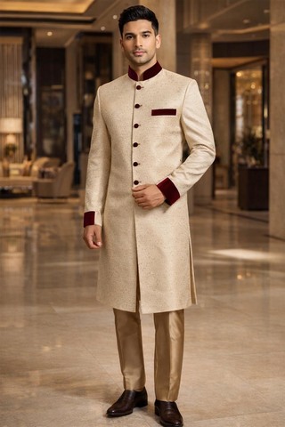 Mens Beige Brocade Sherwani for Groom Wedding 2Pc Velvet Accent Wear