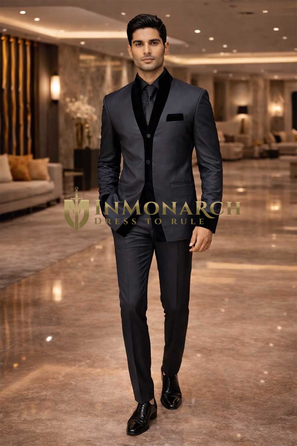 Traje Nehru diseñador negro con terciopelo