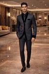 Traje Nehru diseñador negro con terciopelo