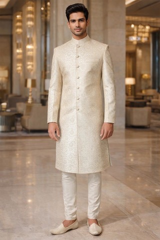 Sherwani novio crema cuello Nehru