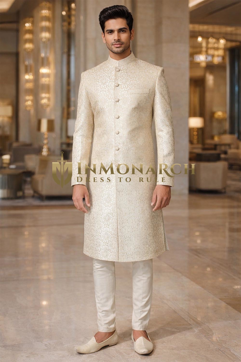 Mens Cream Brocade Sherwani for Groom Wedding 2Pc Nehru Collar Wear
