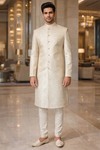 Mens Cream Brocade Sherwani for Groom Wedding 2Pc Nehru Collar Wear