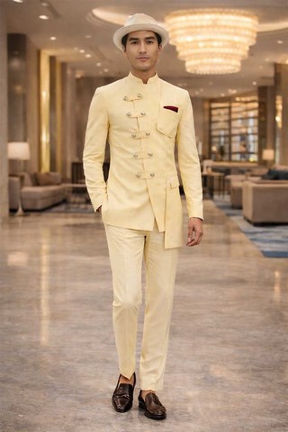 Mens Yellow Jodhpuri Suit 3pc Nehru Collar Designer Wedding Wear
