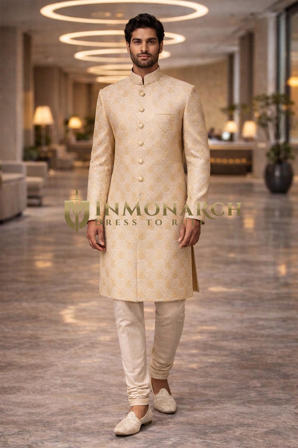 Mens Ivory Brocade Sherwani for Groom Wedding 2Pc Paisley Button Wear