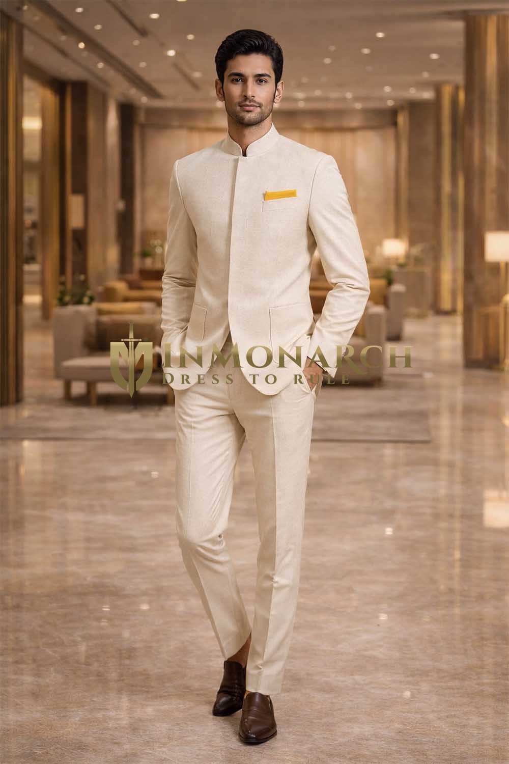 Traje Nehru marfil 3 piezas hombre