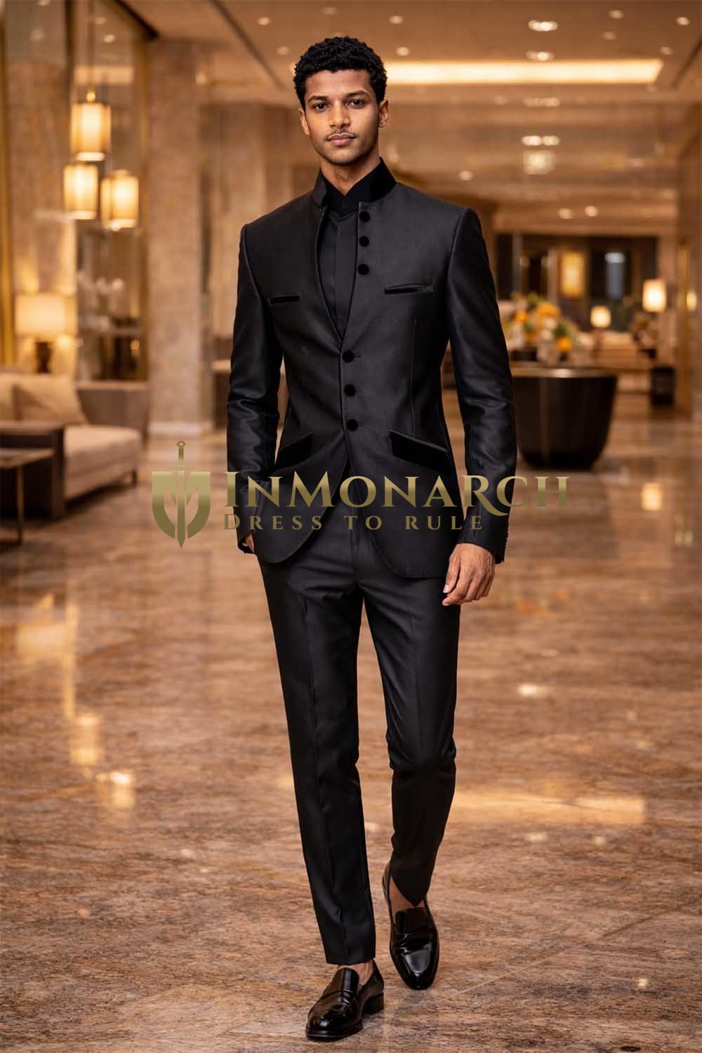 Mens Dark Gray 3 Piece Jodhpuri Suit Velvet Trim Wedding Wear