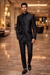 Mens Dark Gray 3 Piece Jodhpuri Suit Velvet Trim Wedding Wear