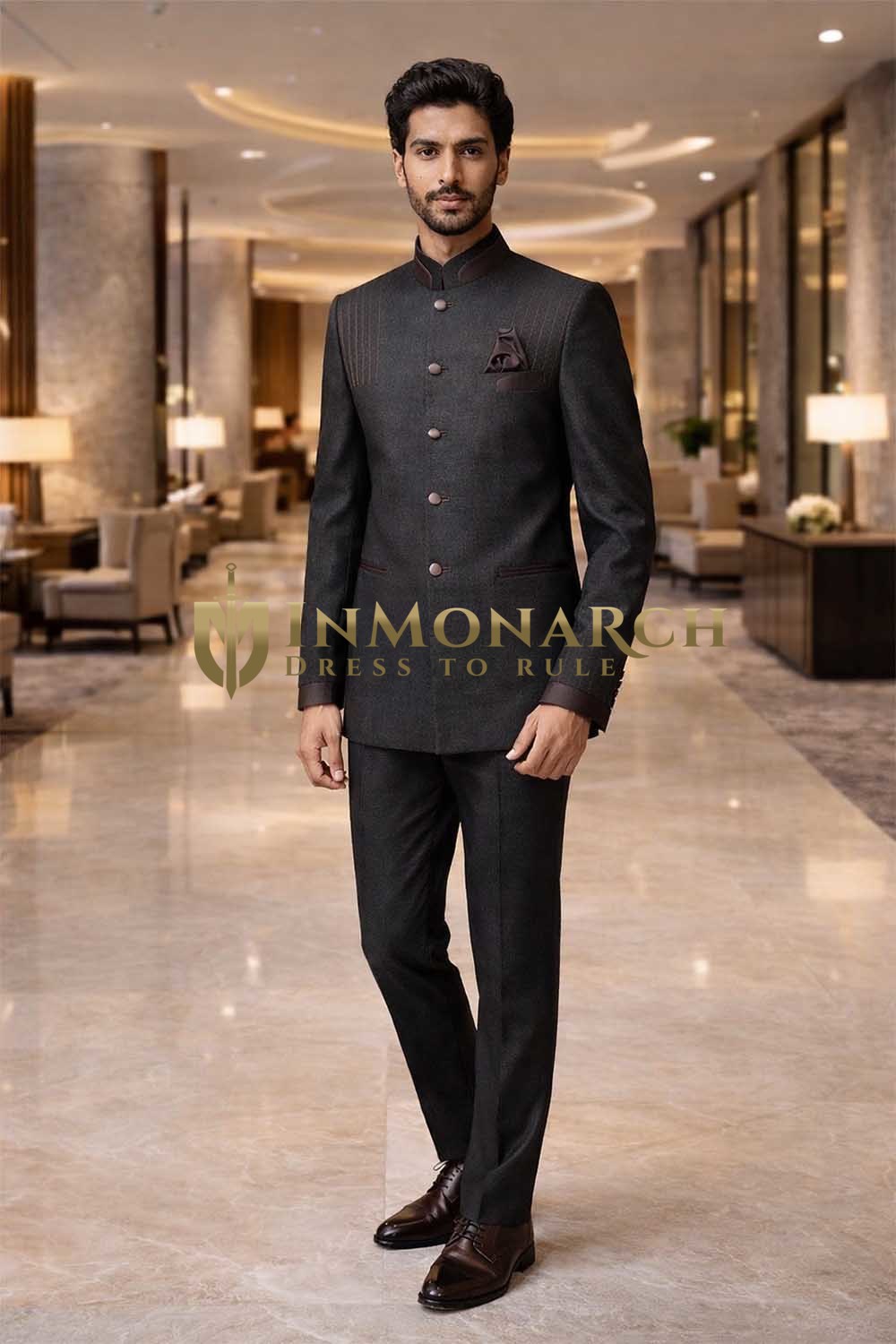 Traje Nehru tradicional marrón 3 piezas