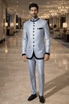 Mens Silver Jodhpuri Suit 2pc Velvet Trim Nehru Collar Wedding Wear