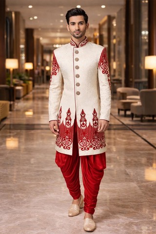 Sherwani mariage crème brodé rouge homme