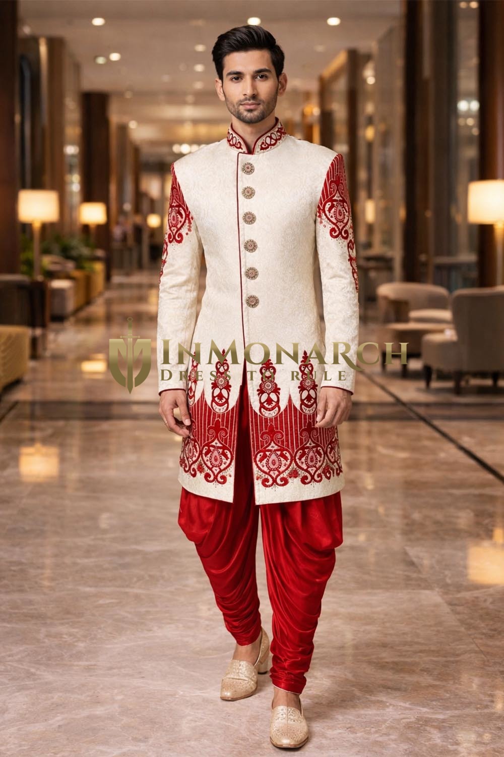Mens Cream Brocade Sherwani for Groom Wedding 2Pc Red Salwar Attire