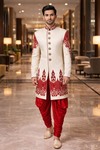 Mens Cream Brocade Sherwani for Groom Wedding 2Pc Red Salwar Attire