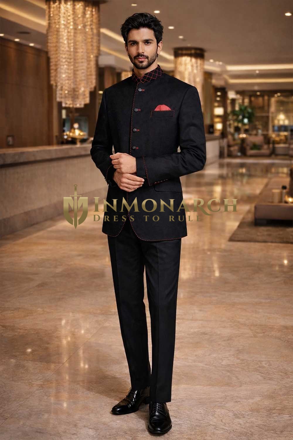 Traje Nehru moderno tres piezas rojo