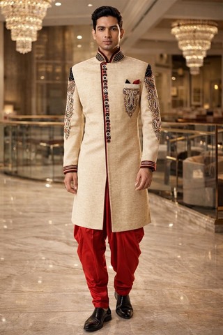 Beige Velvet Wedding Sherwani 3Pc for Groom with Red Salwar
