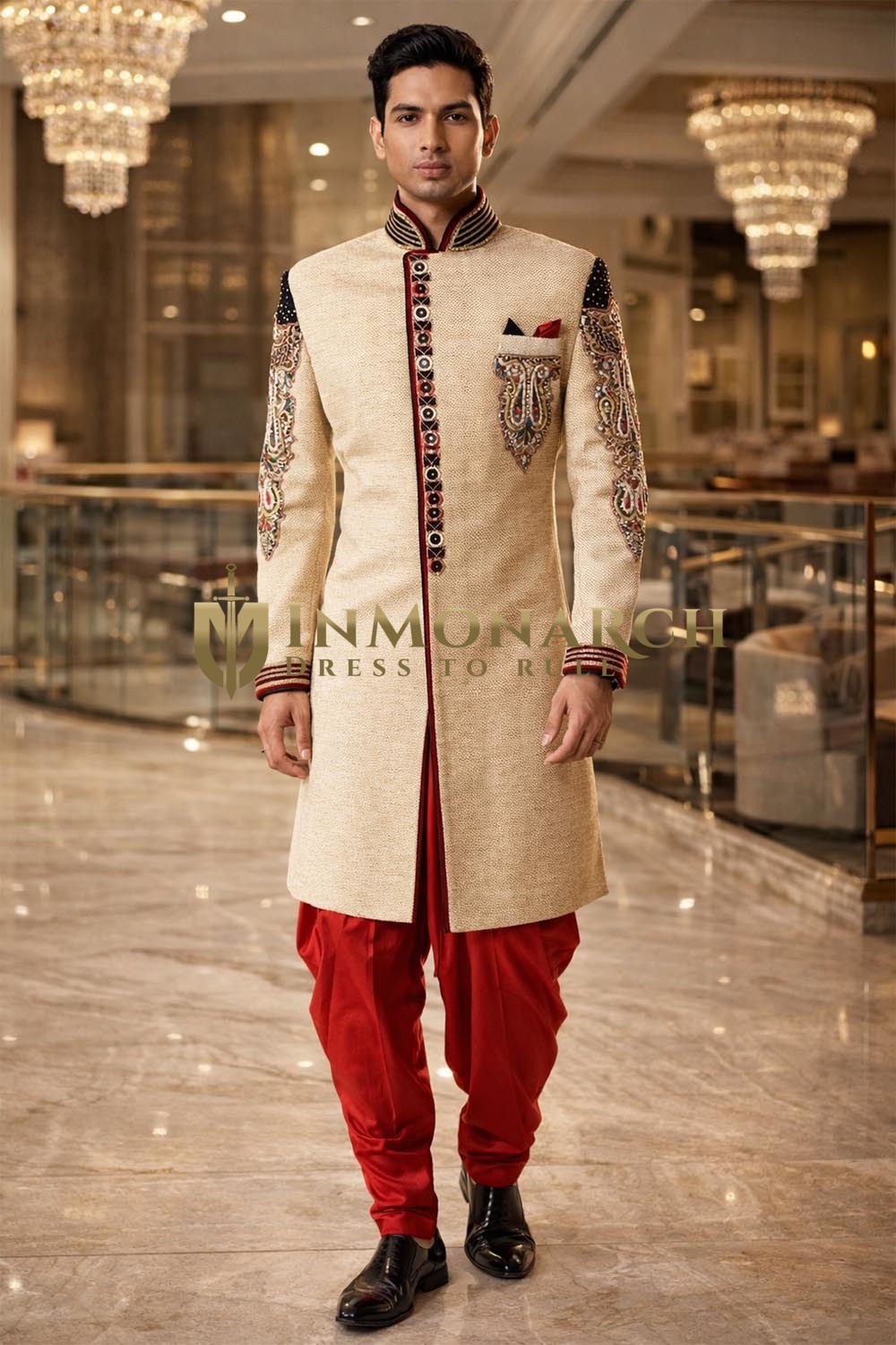 Beige Velvet Wedding Sherwani 3Pc for Groom with Red Salwar